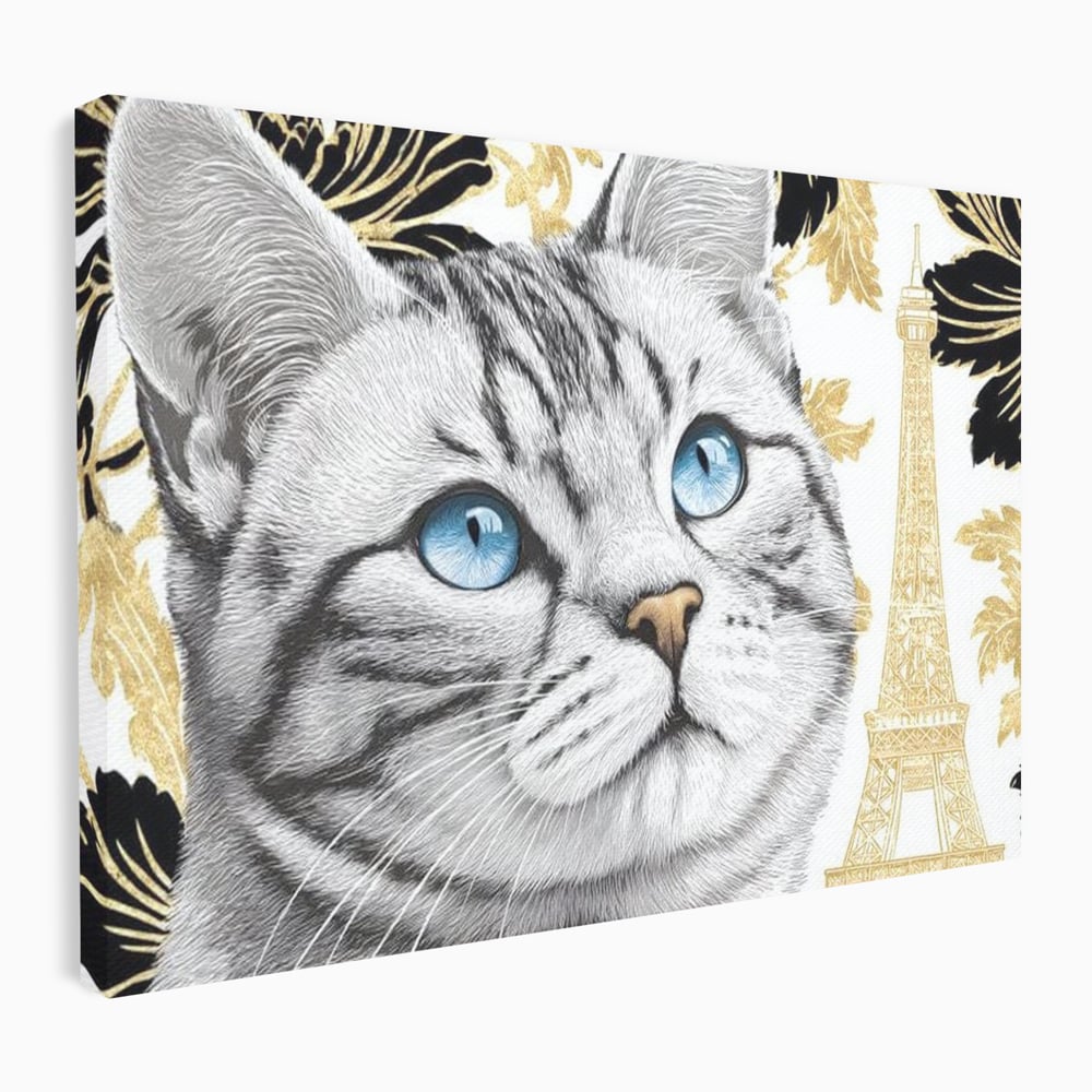 Tablou canvas cu tablou canvas cu pisica si turnul eiffel, fara rama, pe sasiu de lemn